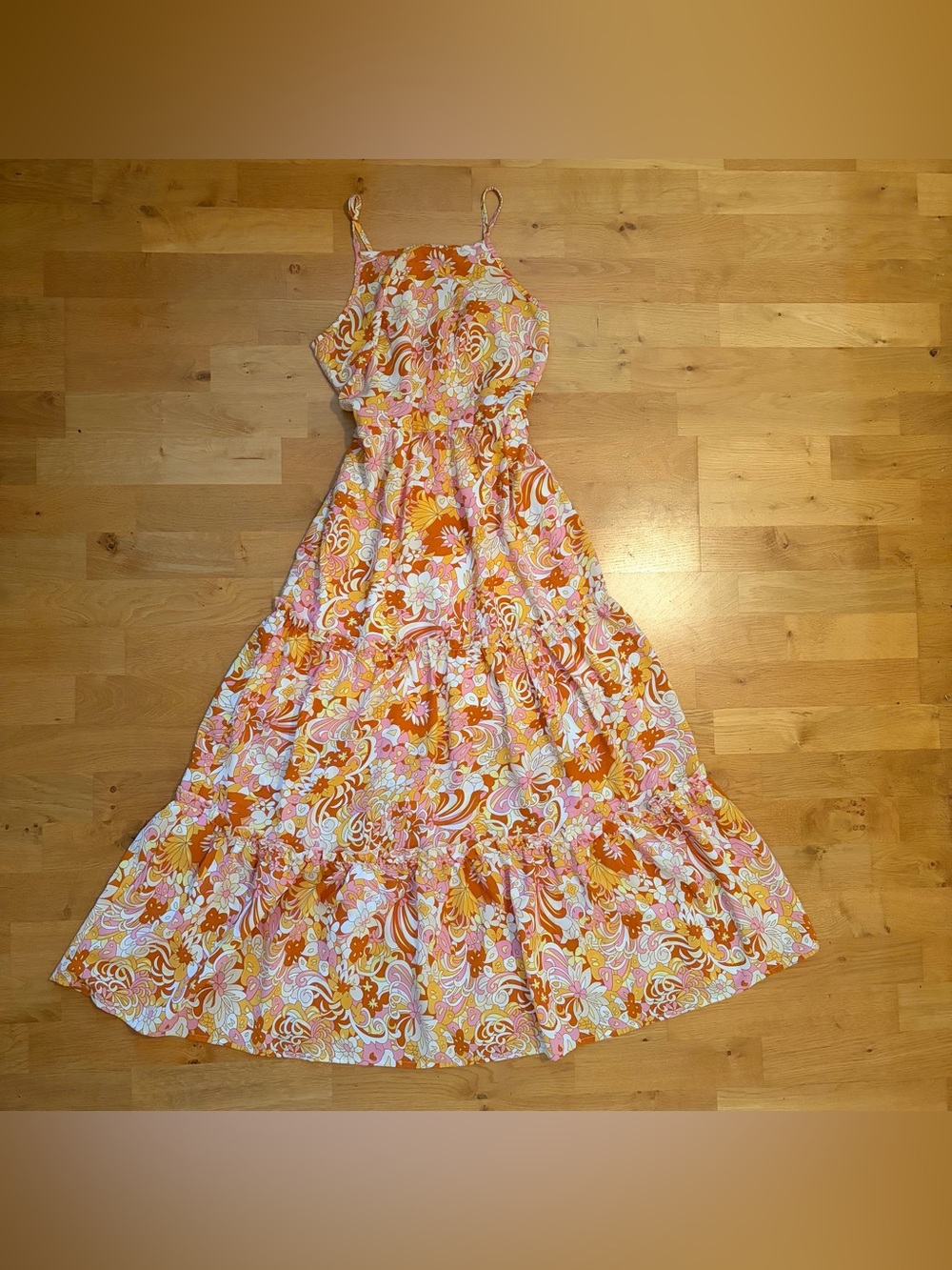 SHEIN Retro 70s Floral Tiered Maxi Dress Orange Pink Boho Summer Festival, Small